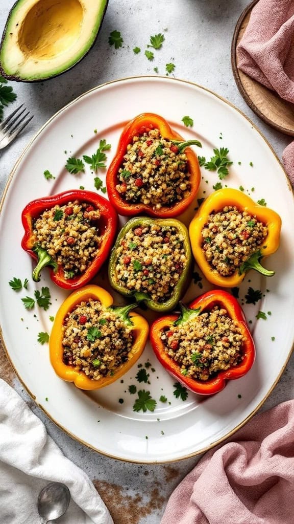 A platter of colorful stuffed peppers filled with grains and garnished with herbs.
