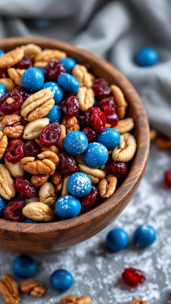 A wooden bowl filled with red cranberries, blue candy-coated chocolates, and mixed nuts.