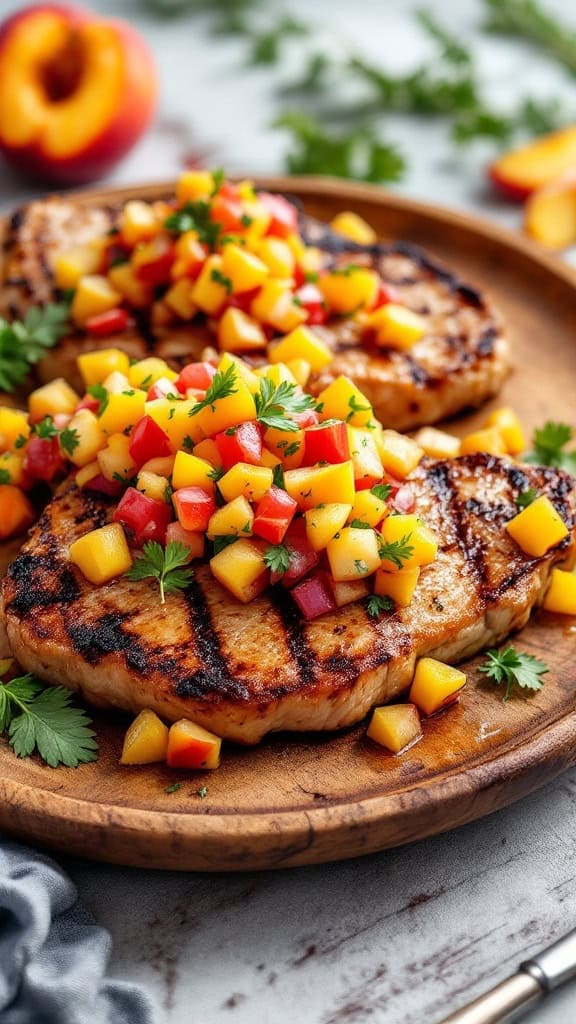 Grilled pork chops topped with peach salsa on a wooden plate.