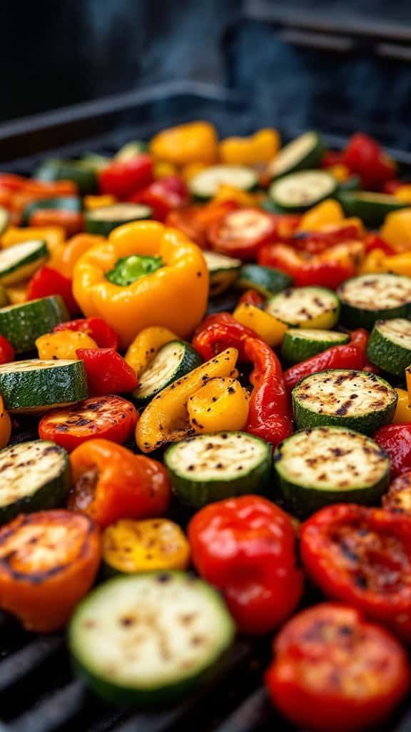 A colorful assortment of grilled vegetables including bell peppers, zucchini, and cherry tomatoes.
