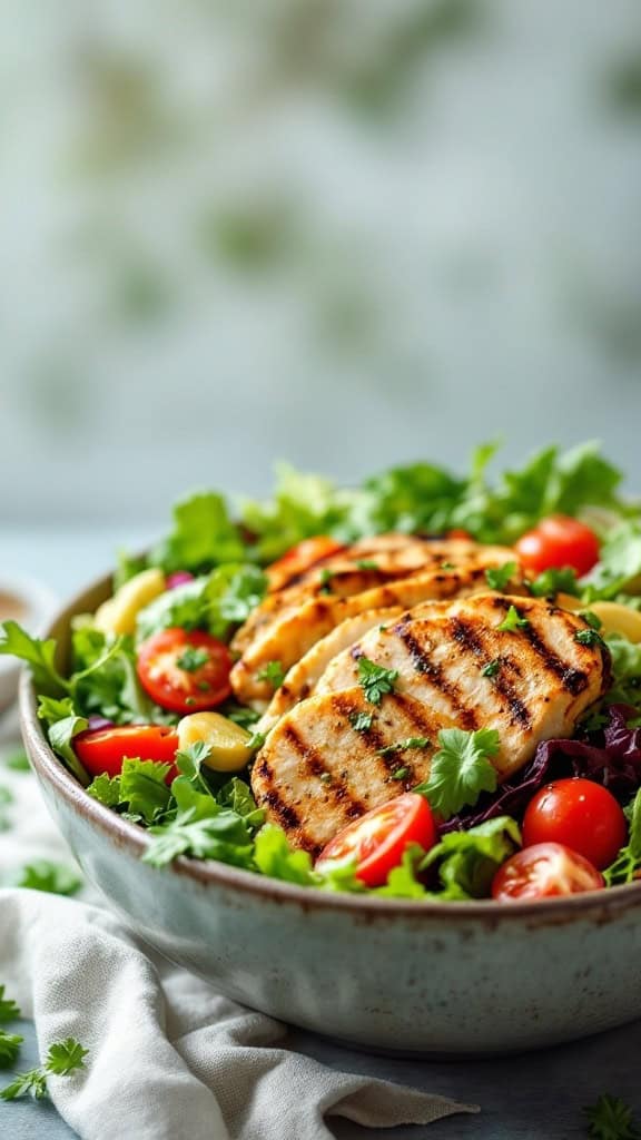 A colorful bowl of pesto grilled chicken salad with greens, cherry tomatoes, and grilled chicken.