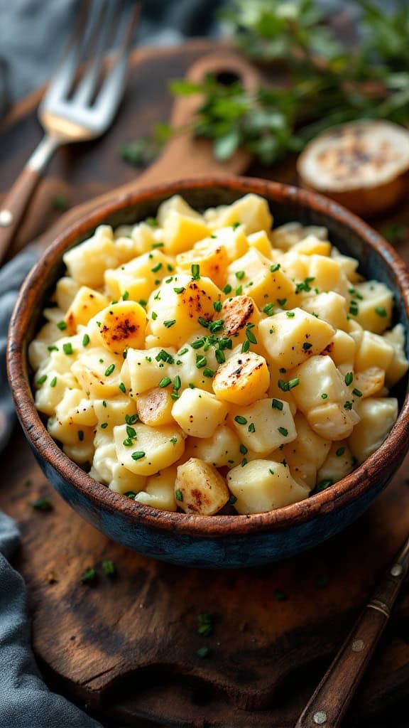 A bowl of potato salad garnished with chives.