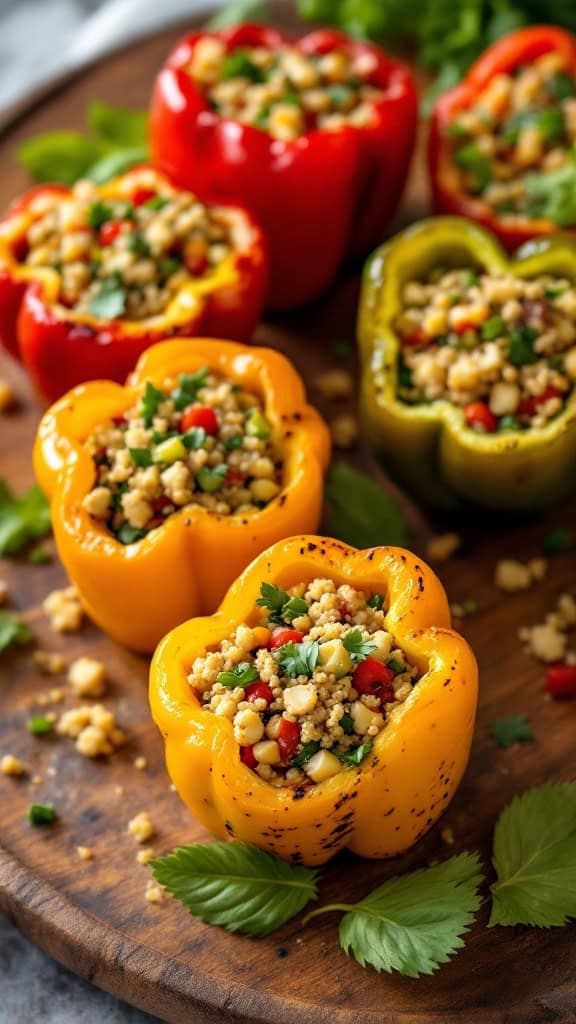 Colorful bell peppers stuffed with quinoa and herbs, sitting on a wooden platter.