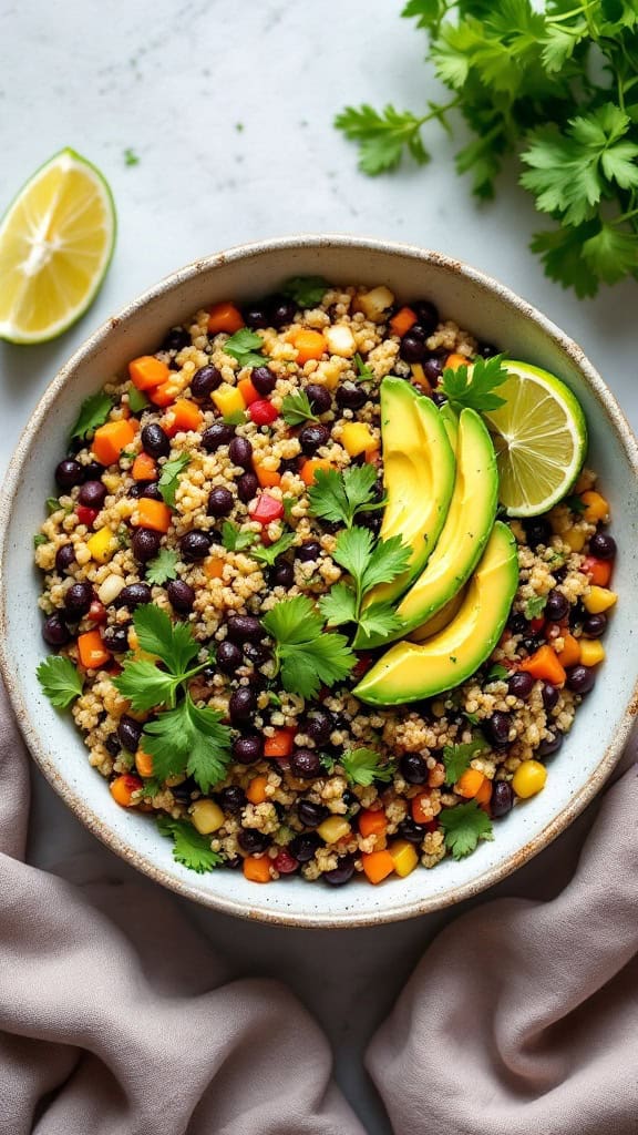 A bowl of quinoa and black bean salad with avocado slices and lime, garnished with cilantro.