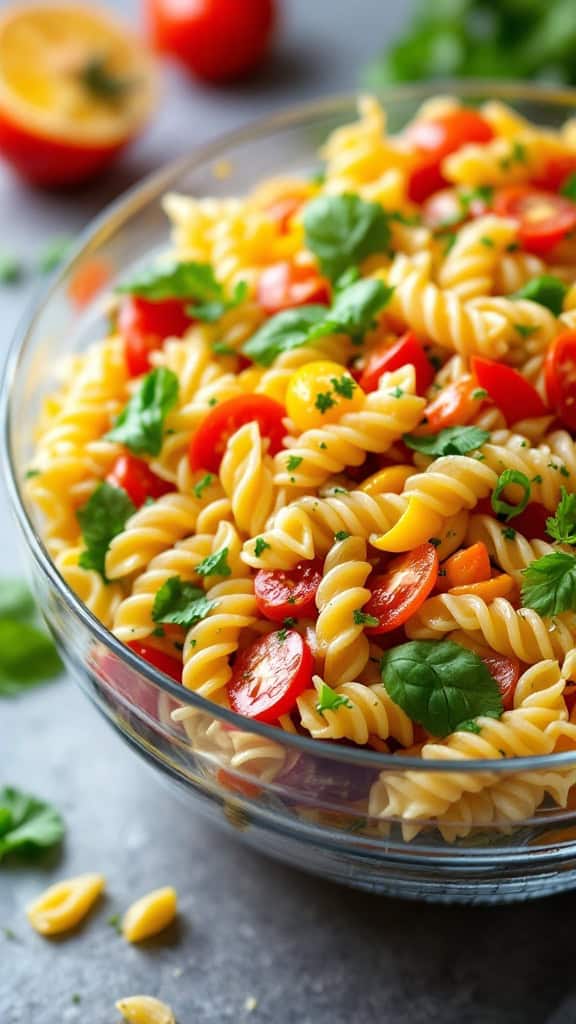 A colorful bowl of rainbow pasta salad with cherry tomatoes, herbs, and Italian dressing.