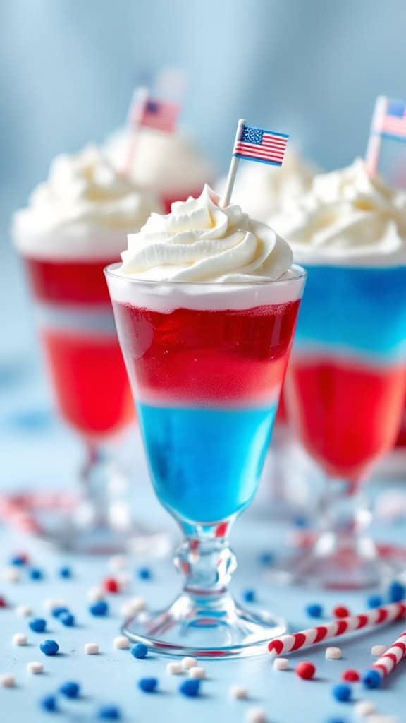 A close-up of red and blue jello cups topped with whipped cream and small flags.