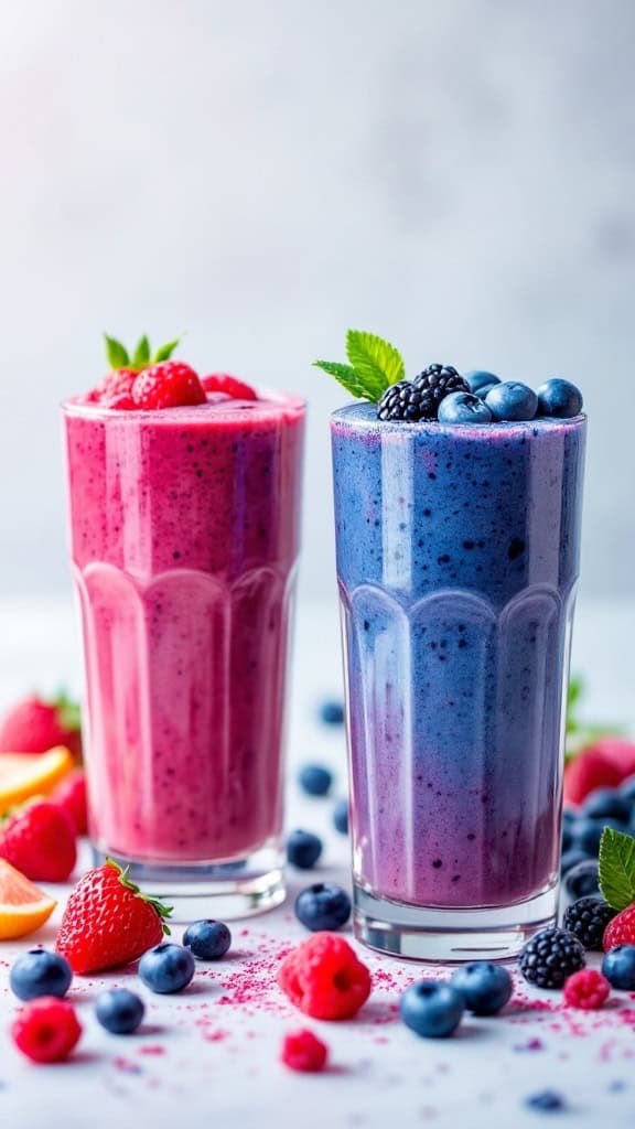 Two colorful smoothies, one red raspberry and one blue blueberry, with fresh berries around them.