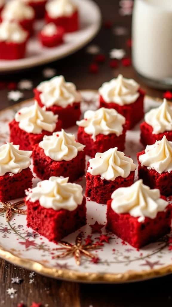 Delicious red velvet cake bites topped with creamy frosting and sprinkles on a decorative plate.