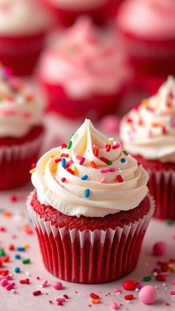 Delicious red velvet cupcakes with cream cheese frosting and colorful sprinkles.