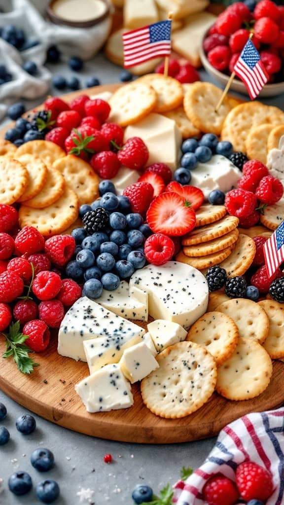 A cheese board featuring red berries, blue berries, crackers, and cheese, decorated with small American flags.