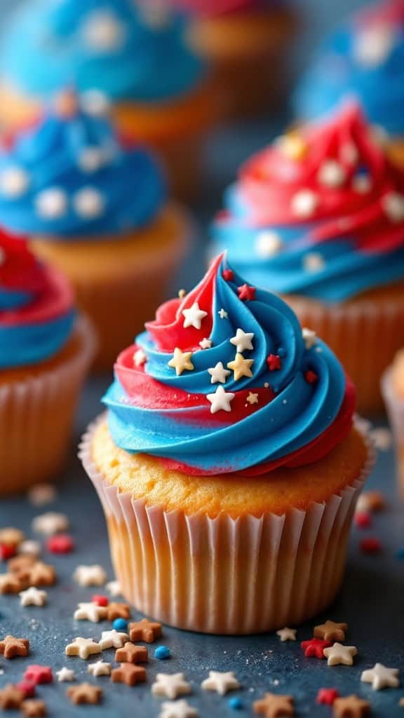 Cupcakes with red and blue frosting topped with star-shaped sprinkles.
