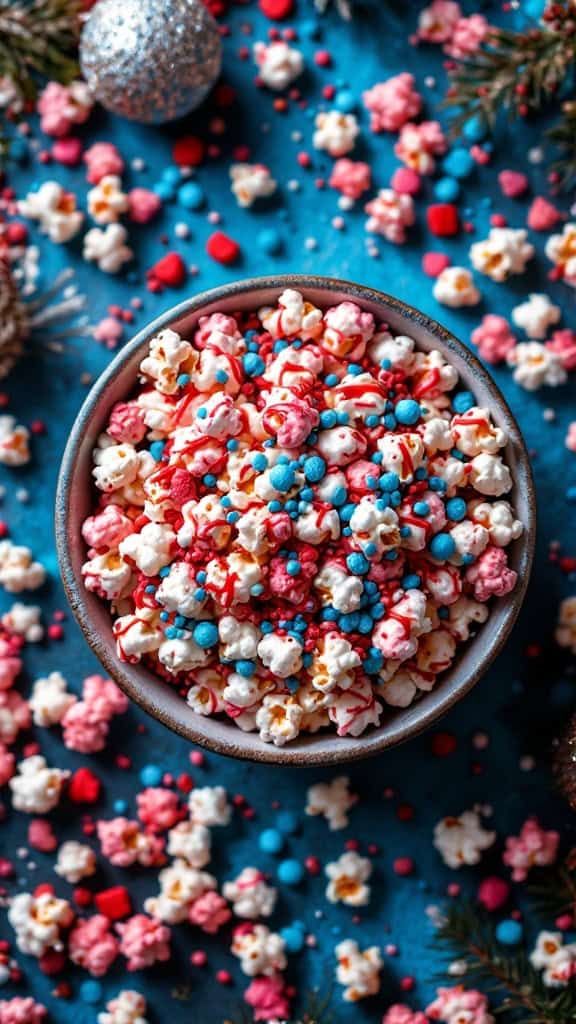 A colorful bowl of red, white, and blue popcorn mix with sprinkles on a blue background.