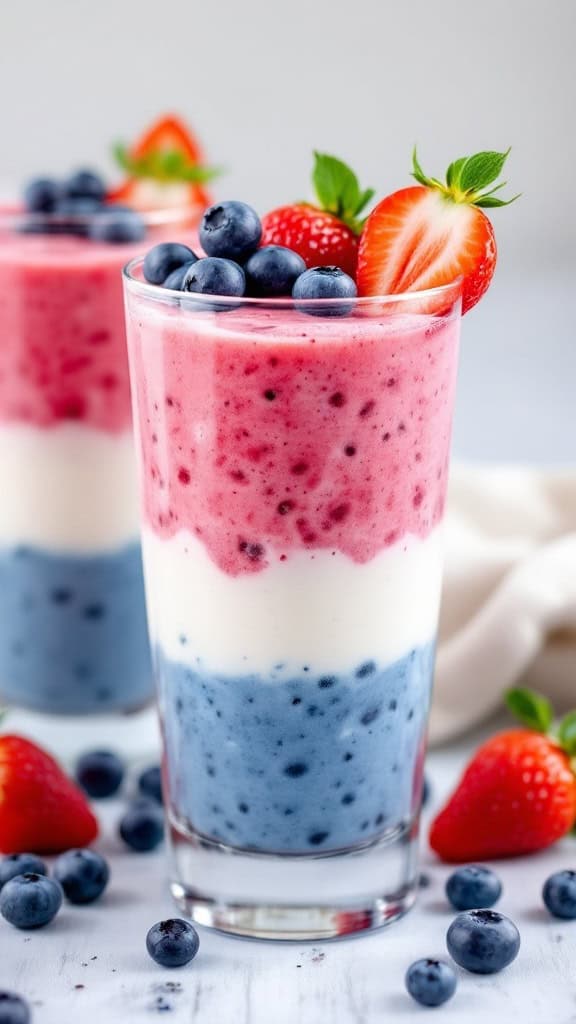 Two red, white, and blue smoothies in glasses with strawberries and blueberries around them.