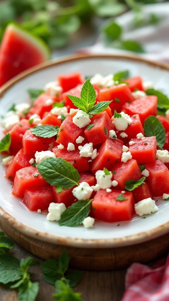 A vibrant watermelon salad with feta cheese and mint on a plate.