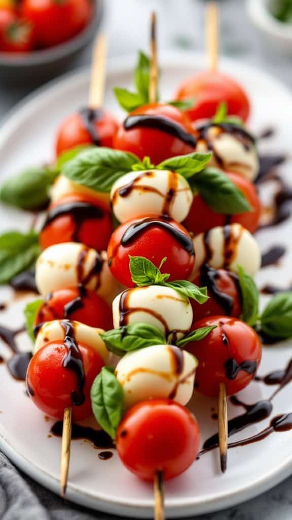 Caprese skewers with tomatoes, mozzarella, basil, and balsamic glaze.