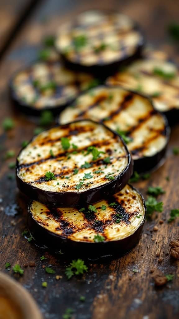 Grilled eggplant slices on a wooden table, garnished with parsley.