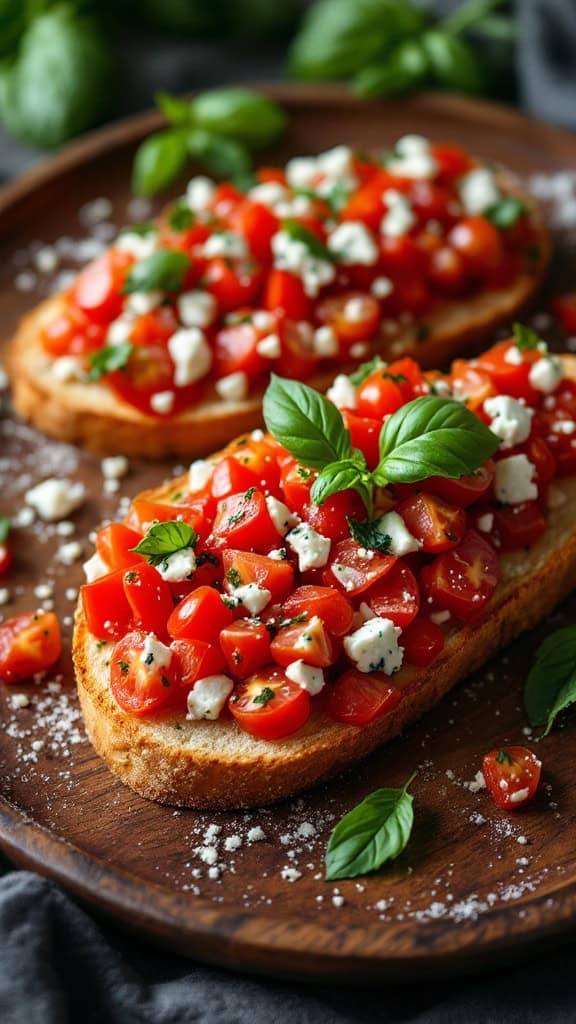 Bruschetta topped with tomatoes and blue cheese on a wooden platter