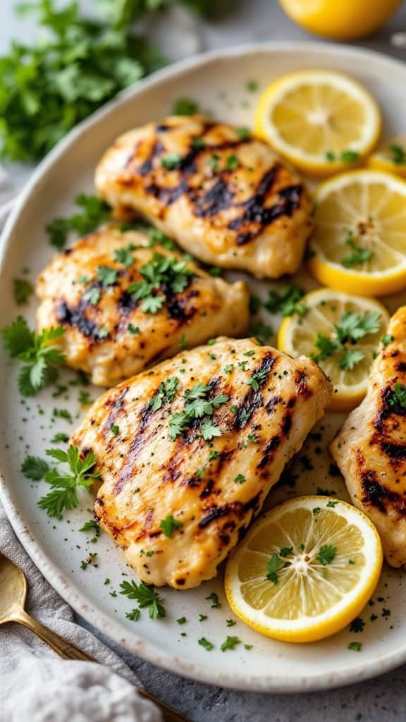 Grilled lemon garlic chicken thighs on a plate with lemon slices and fresh herbs.