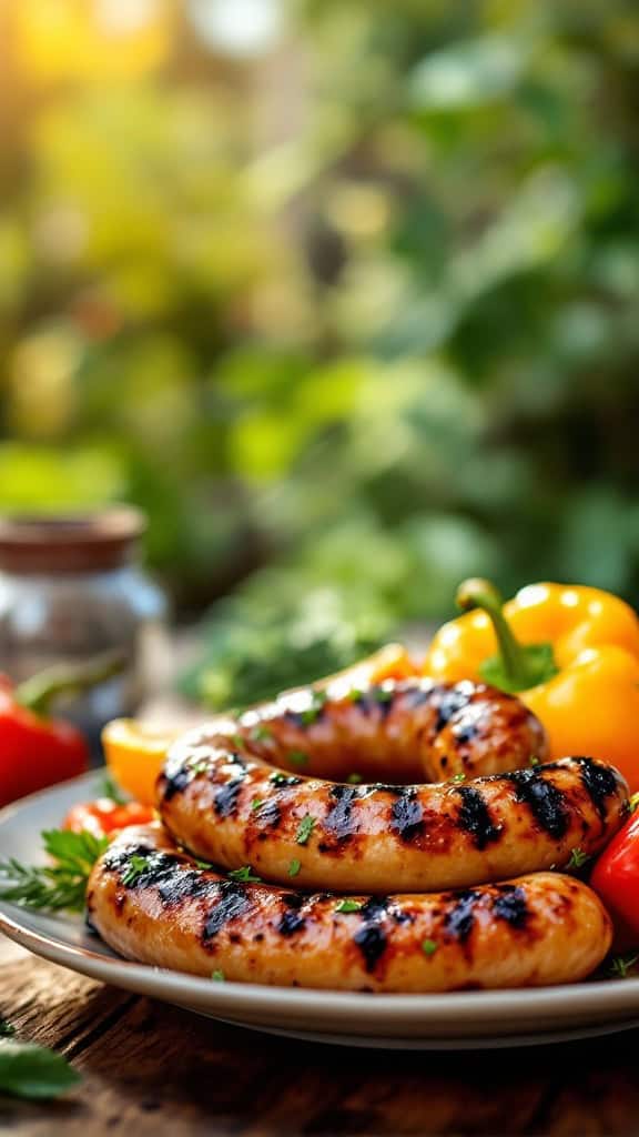 Grilled sausages with colorful peppers on a plate