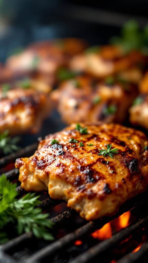 Grilled smoky BBQ chicken thighs on a grill with herbs
