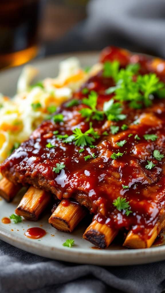 A plate of smoky BBQ ribs topped with homemade sauce and garnished with fresh herbs, served with coleslaw.