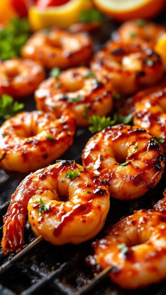 Grilled shrimp skewers with BBQ glaze on a grill.