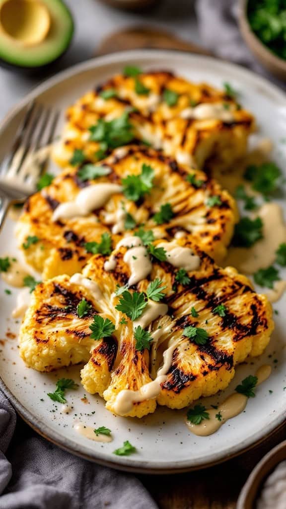 Smoky grilled cauliflower steaks garnished with herbs and sauce on a plate.