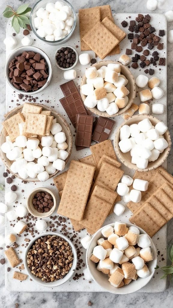 A variety of ingredients for making s'mores including graham crackers, chocolate, and marshmallows arranged on a table.