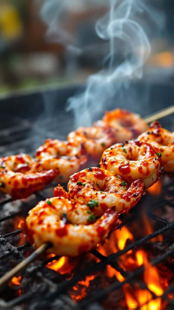Grilled shrimp skewers sizzling on a barbecue with smoke and flames.