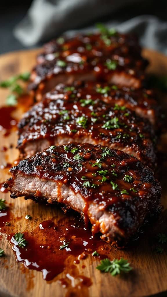 Delicious spicy chipotle beef ribs glistening with sauce and garnished with herbs.