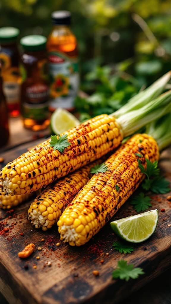 Grilled corn on the cob with spices and lime on a wooden board.