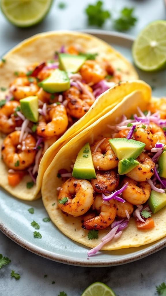 Two grilled shrimp tacos with toppings on a plate.