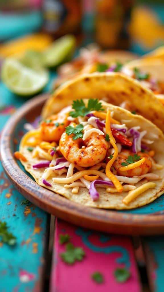 Spicy grilled shrimp tacos on a plate with vibrant toppings.