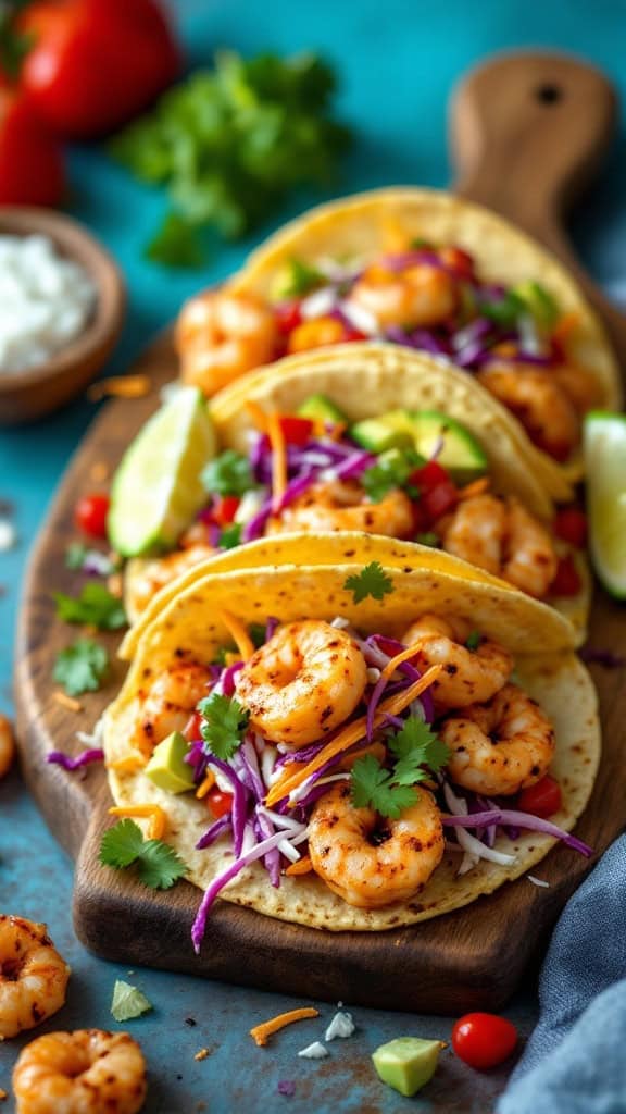 A close-up of spicy grilled shrimp tacos with colorful toppings on a wooden board.