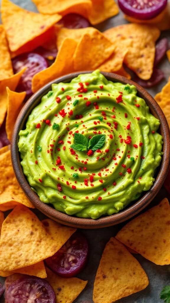 A bowl of spicy guacamole with tortilla chips surrounding it.