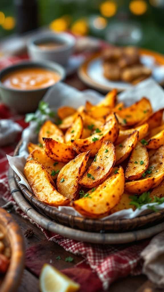 A platter of spicy roasted potato wedges garnished with herbs.