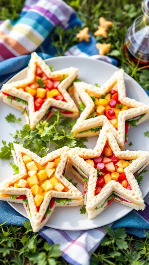Star-shaped sandwiches filled with colorful veggies and served on a picnic blanket