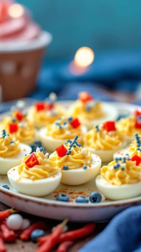 Plate of decorated deviled eggs with red and blue toppings for Fourth of July