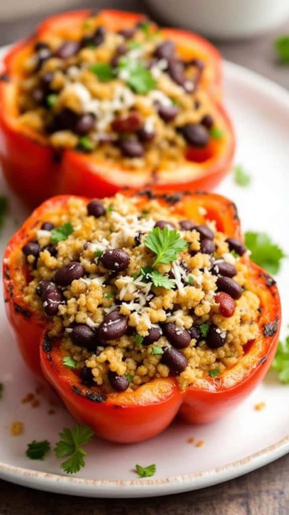 Stuffed bell peppers filled with quinoa and black beans on a plate.