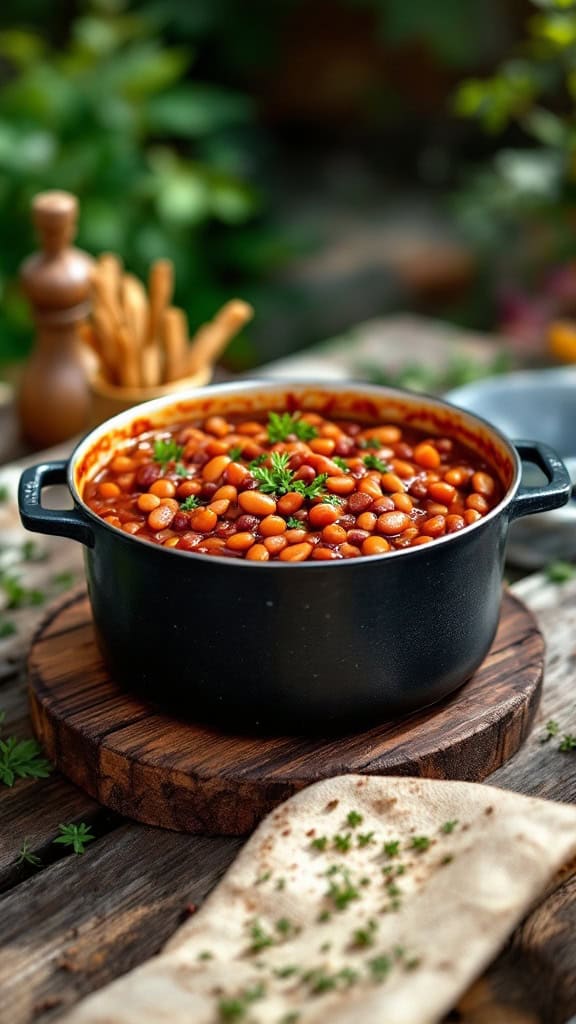 A pot of sweet and spicy baked beans on a wooden board, garnished with herbs.