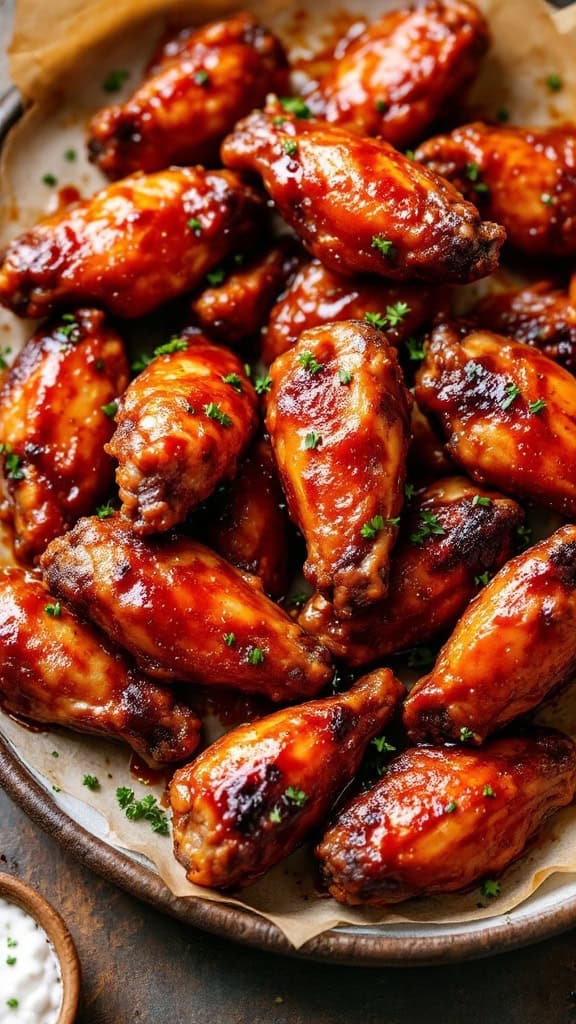 A platter filled with sweet and spicy BBQ chicken wings garnished with parsley.