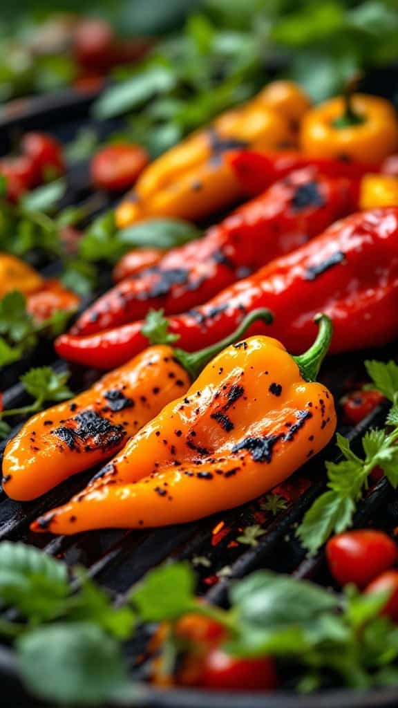 A colorful assortment of grilled sweet and spicy peppers on a grill.