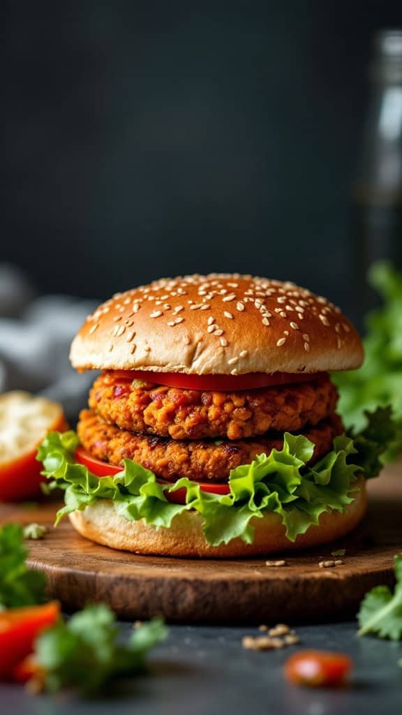 A sweet potato and black bean burger stacked with lettuce and tomato on a sesame seed bun