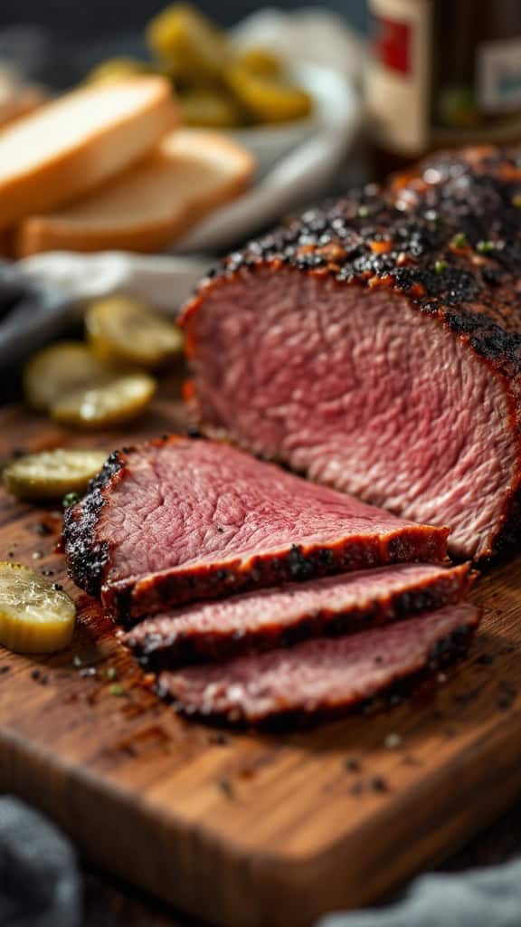 Sliced brisket on a wooden board with pickles and bread