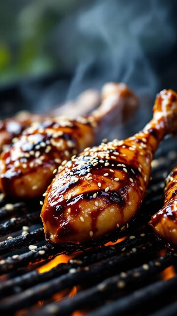 Grilled teriyaki chicken drumsticks with sesame seeds on a barbecue grill.