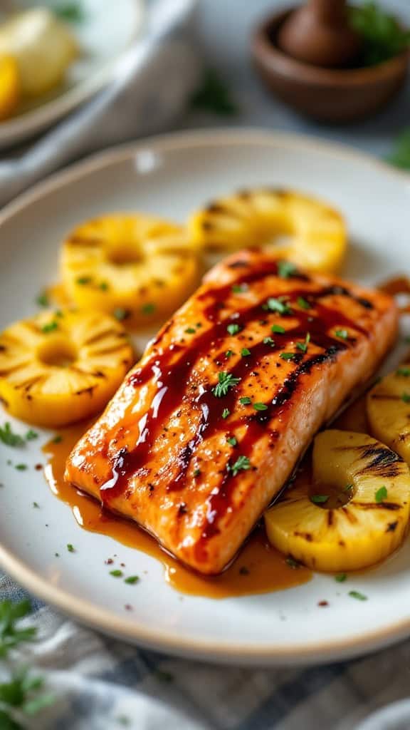 Grilled salmon with teriyaki glaze and pineapple slices on a plate.