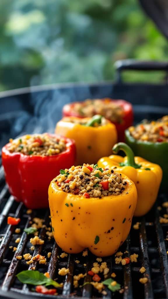 Vegetarian stuffed bell peppers filled with quinoa on a grill.