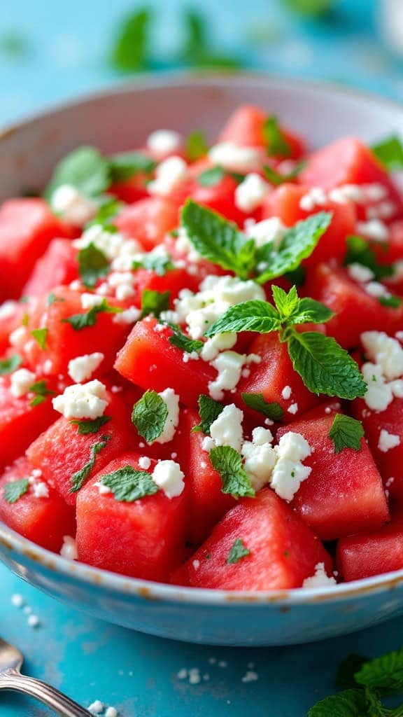 A bowl of watermelon, mint, and feta salad with vibrant colors.