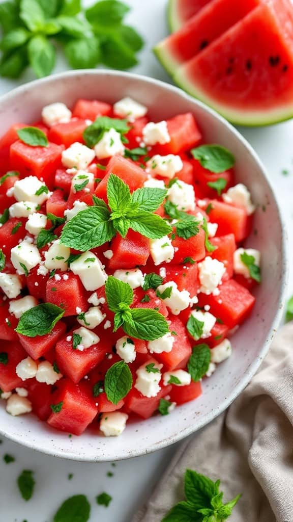 A bowl of watermelon feta salad garnished with mint leaves.