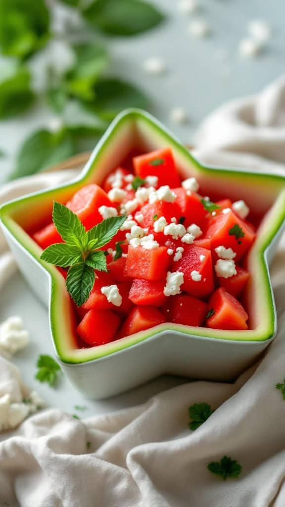 Star-shaped bowl filled with watermelon cubes, feta cheese, and mint leaves.